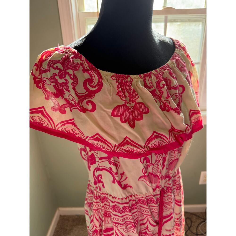 Flying Tomato Large Pink White Floral Print Off Shoulder Peasant Boho Mini Dress - Picture 2 of 8